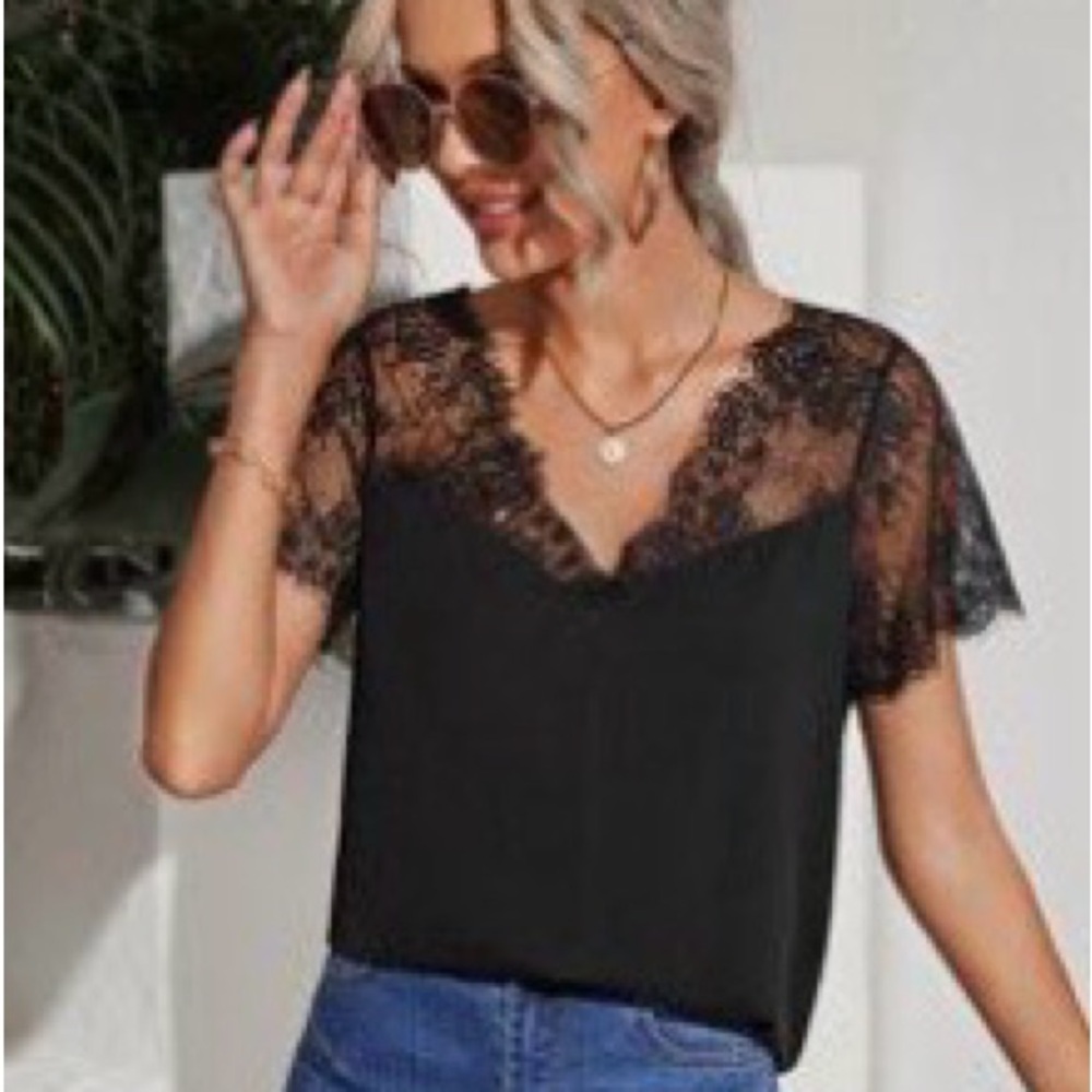 SHEIN Black Lace Accent Blouse